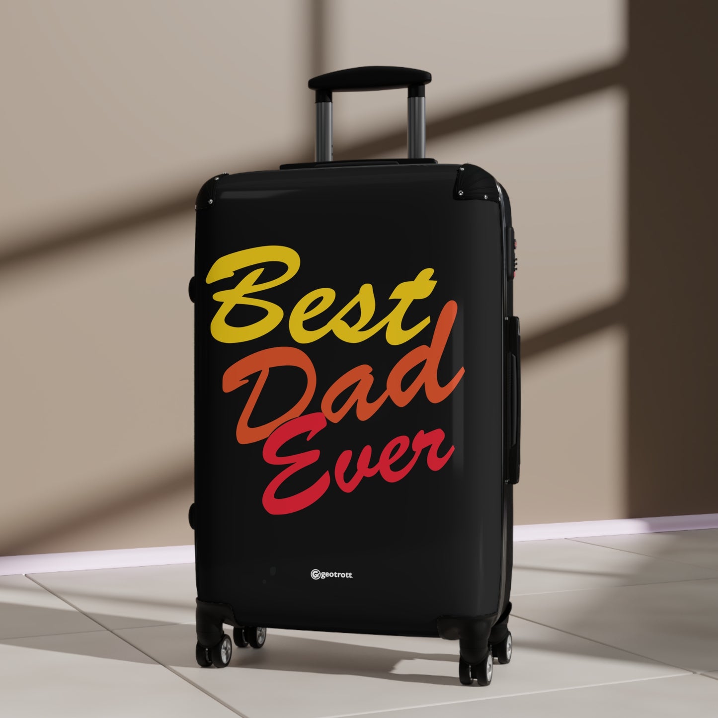 Best Dad Ever Emotive Inspirational Fathers Day Black with Yellow Orange Red Letters Luggage Bag Rolling Suitcase Spinner