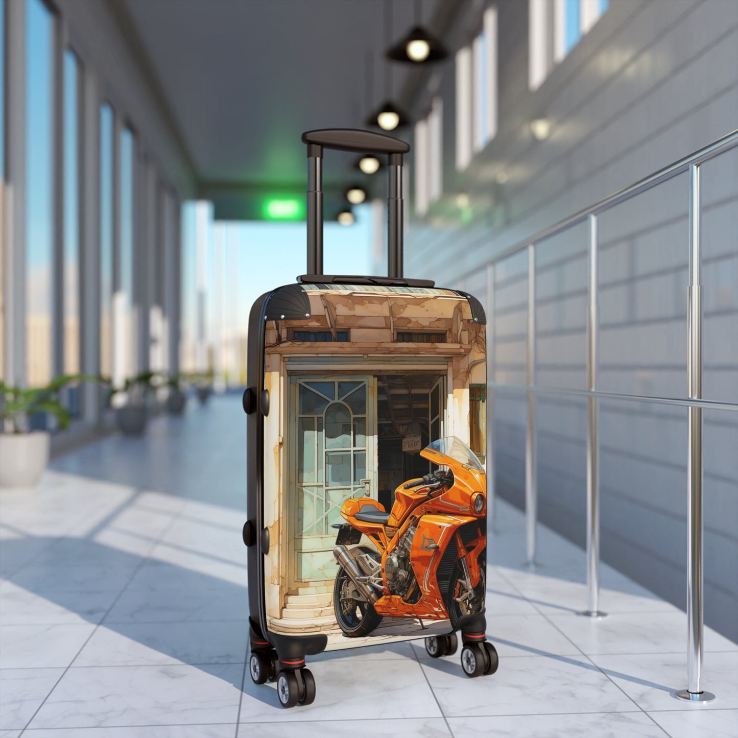 Urban Contrast: Sleek Orange Motorcycle, Historic Building Entrance
