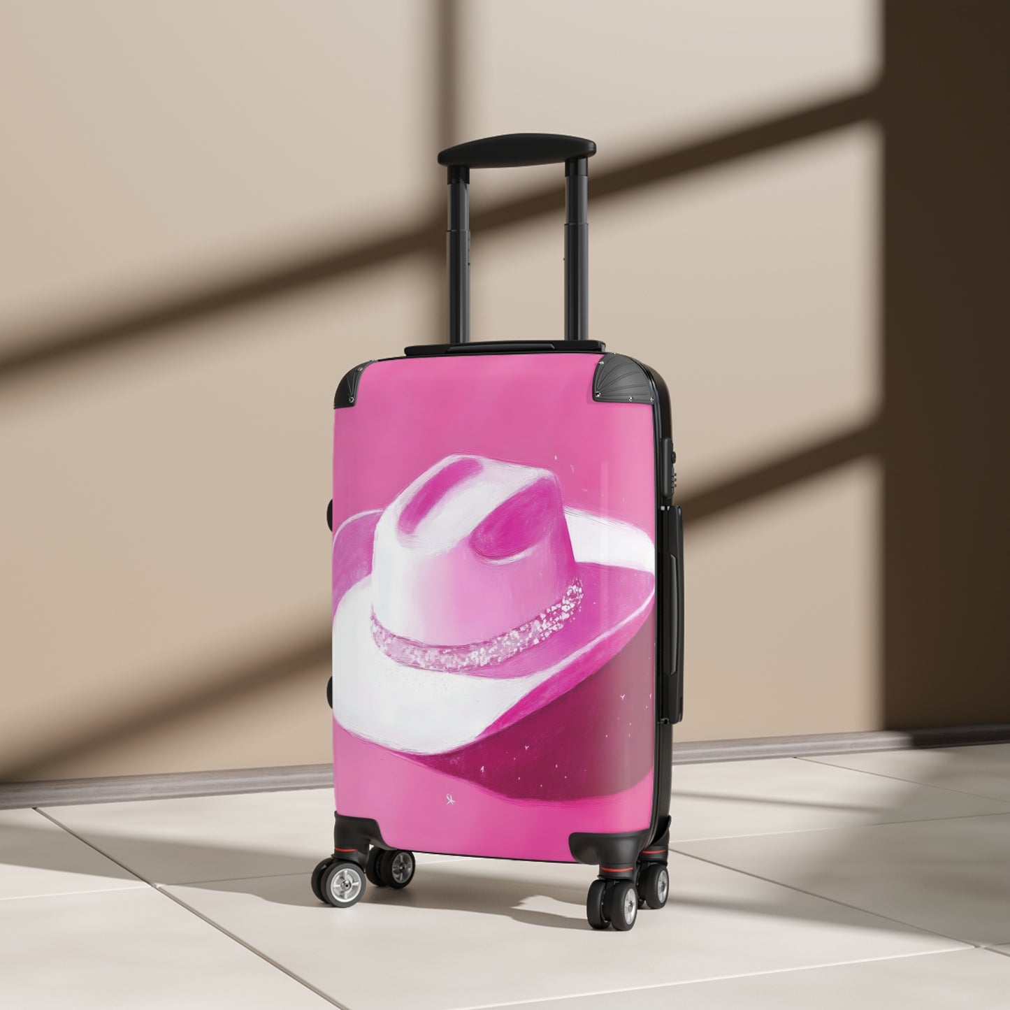 Hot Girly White Cowboy Hat On Pink Background Suitcase
