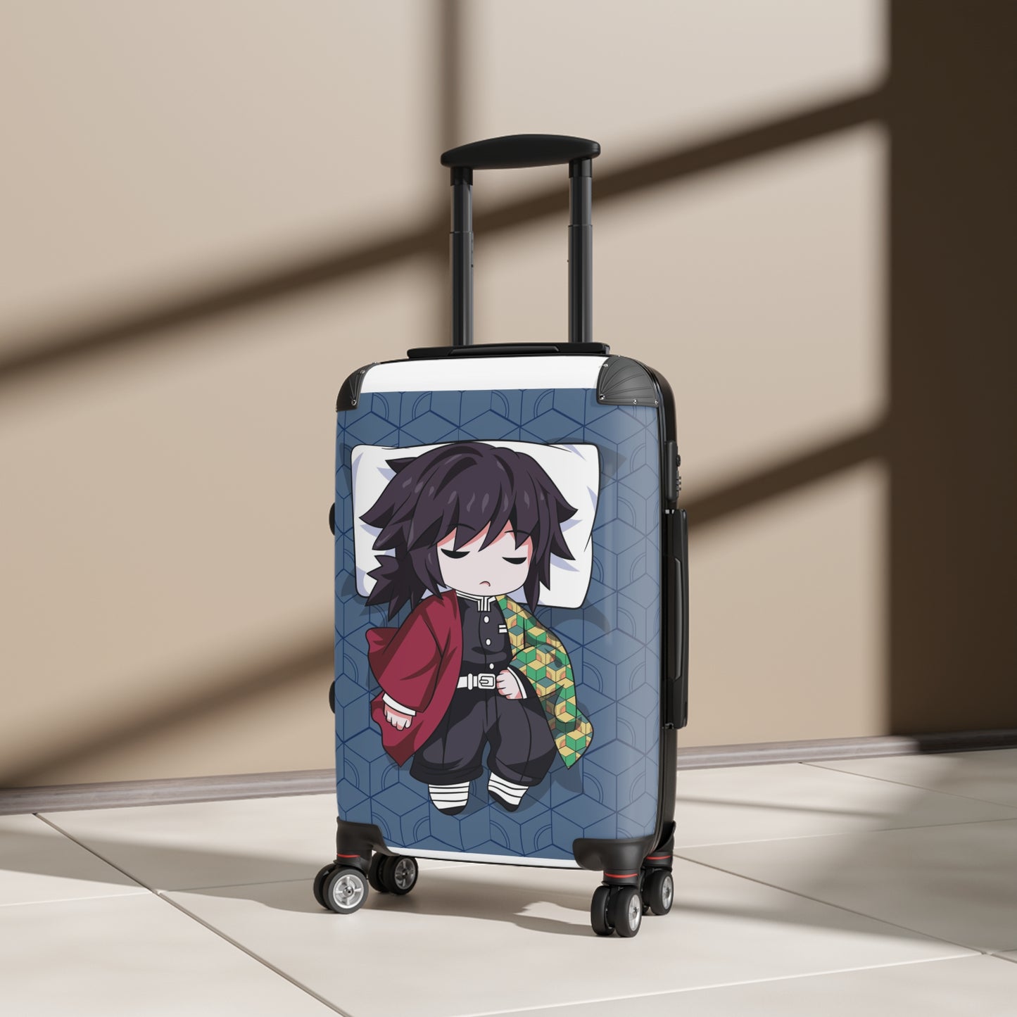 Sleepy Chibi Dreams: Kawaii Anime Character, Geometric Background Pattern