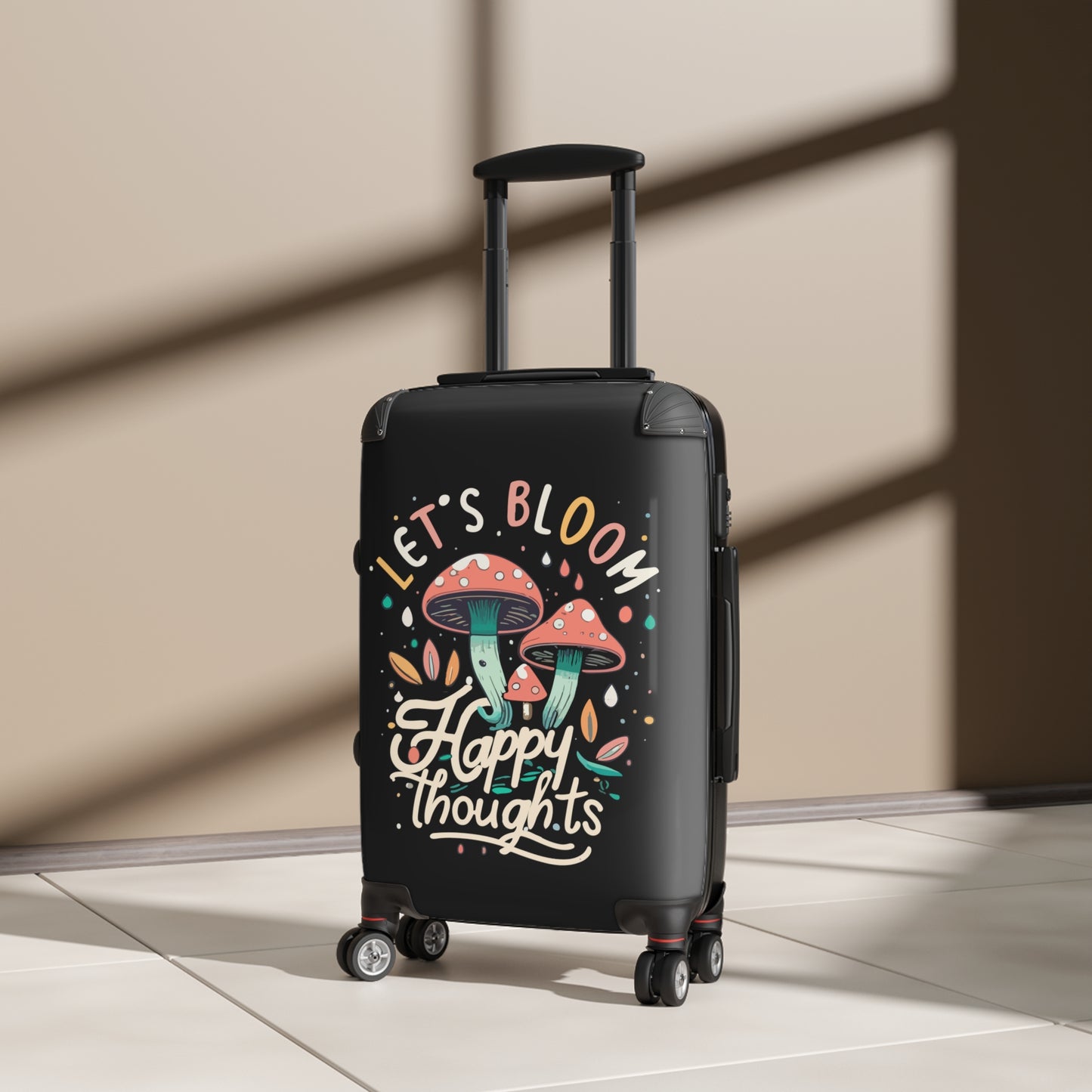 Lets Bloom Happy Thoughts Mushrooms Chroom Emotive Inspirational Luggage Bag Rolling Suitcase Spinner