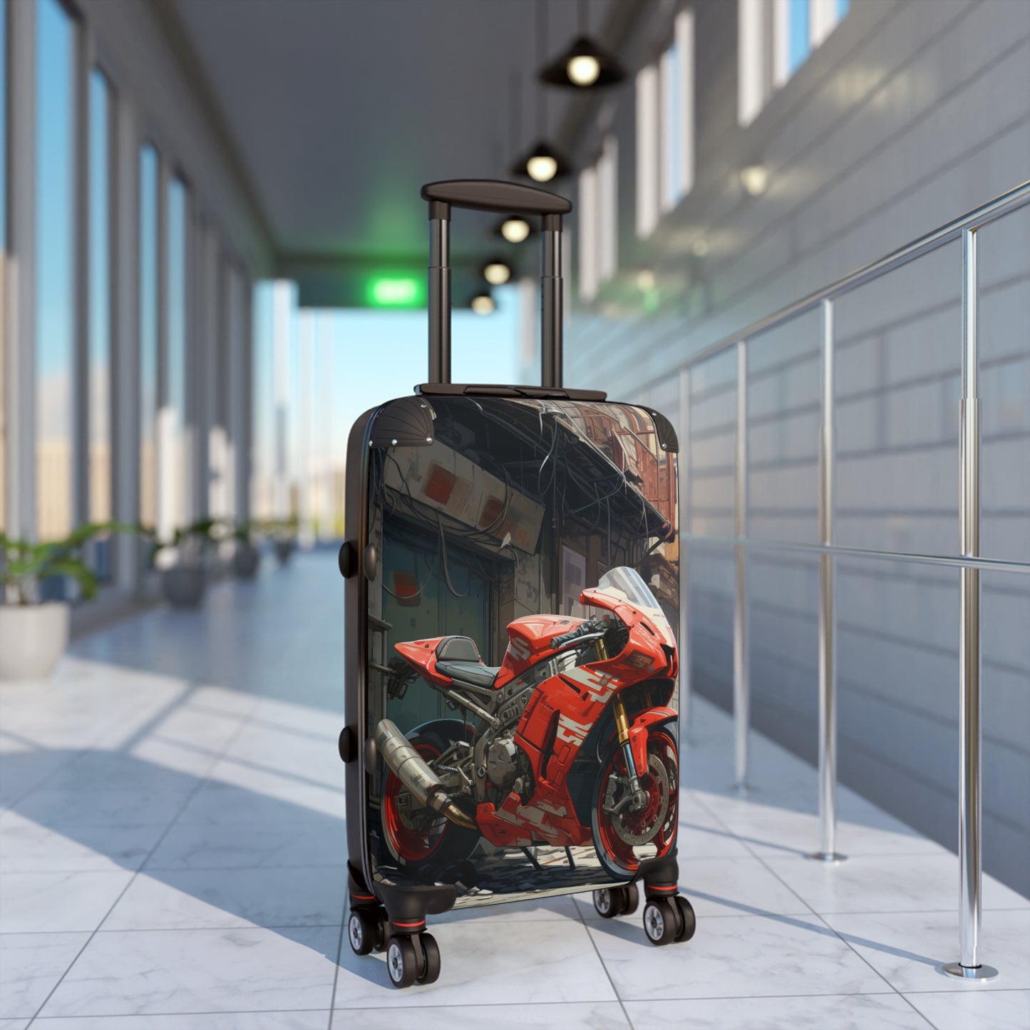 Urban Velocity: Red Superbike in Cityscape, Photorealistic Motorcycle Art