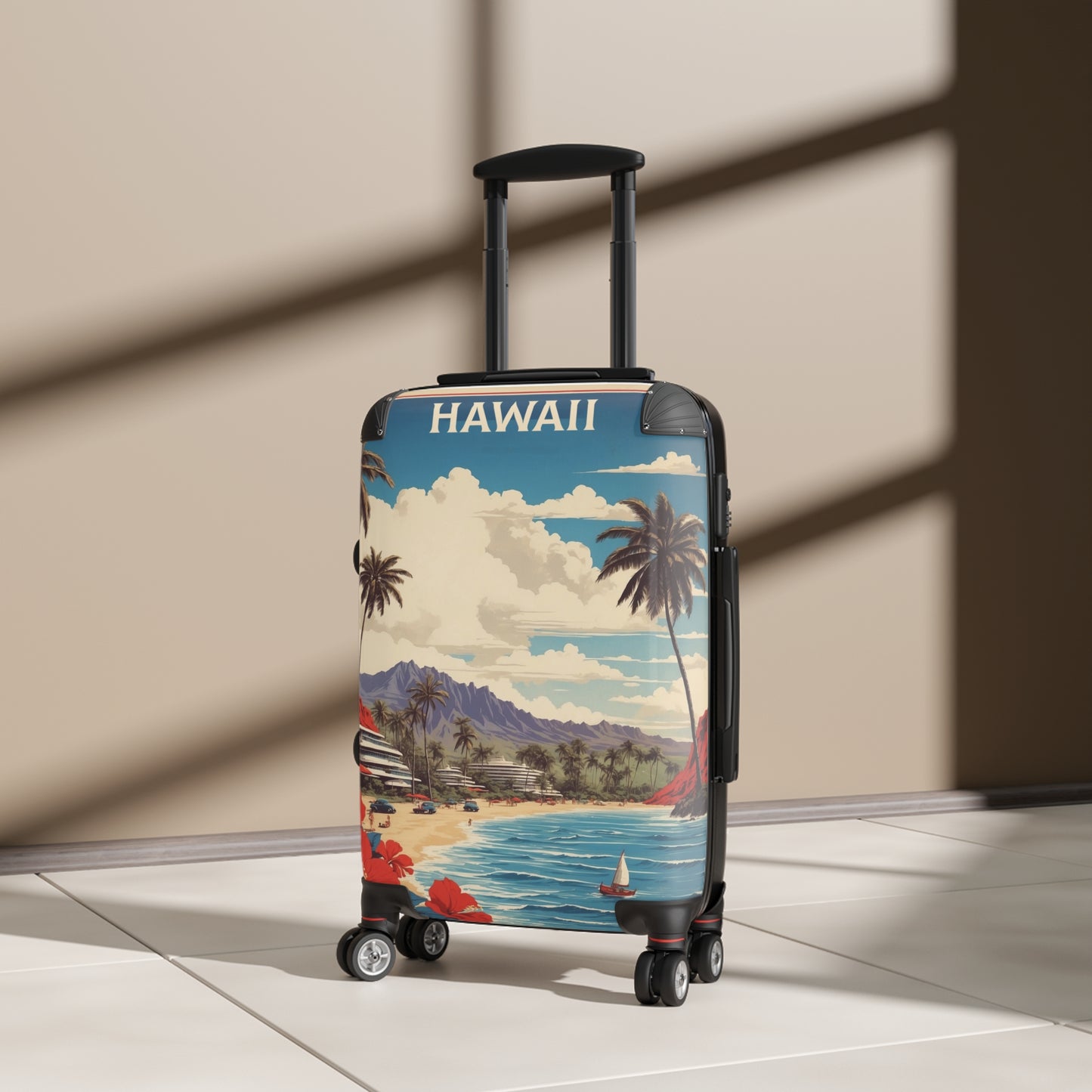 Paradise Found: Vintage Hawaii Travel Poster, Tropical Beach Scene With Classic Cars Vintage Travel Poster