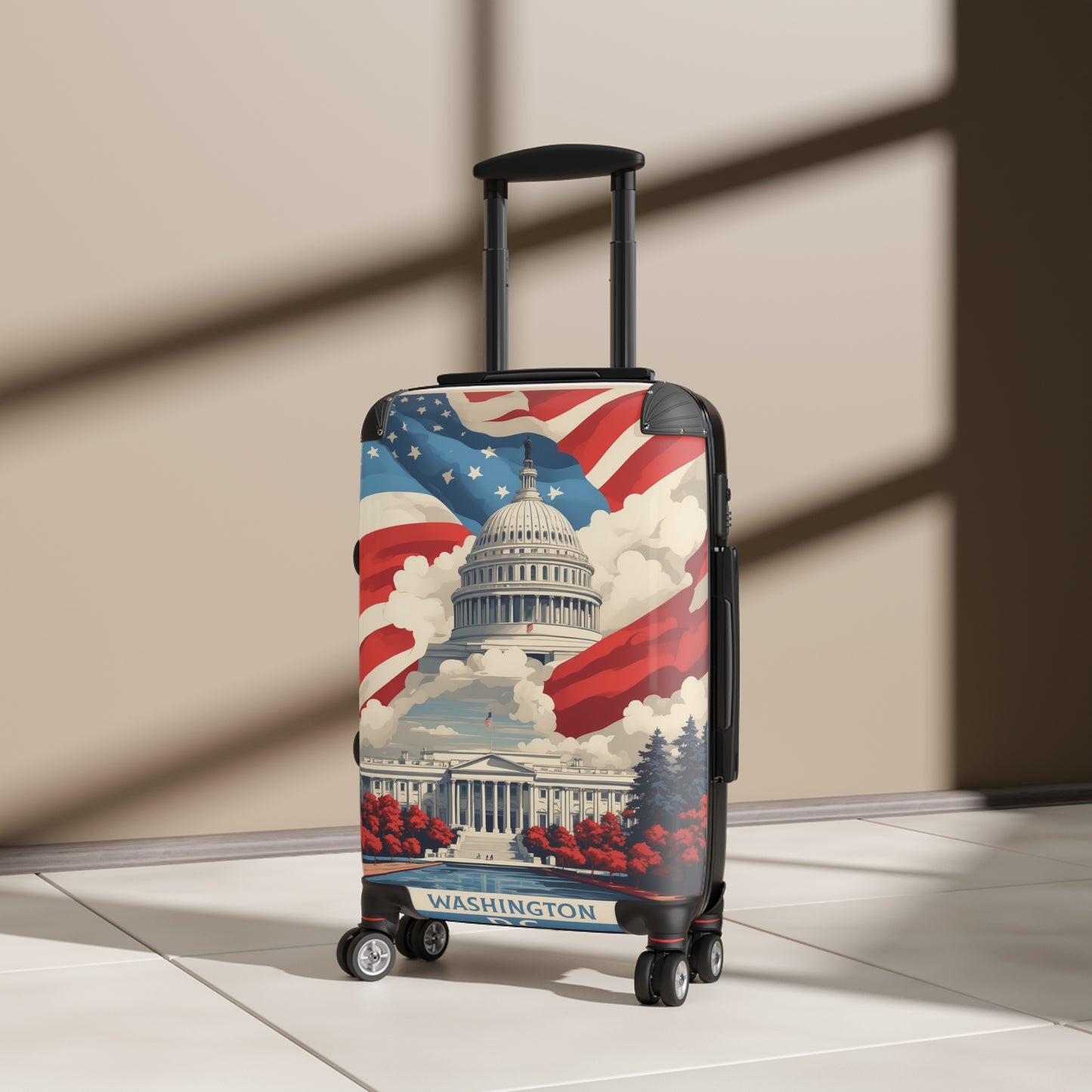 Patriotic Capital: Vintage Washington D C Travel Poster, American Flag Landmarks Art Vintage Travel Poster