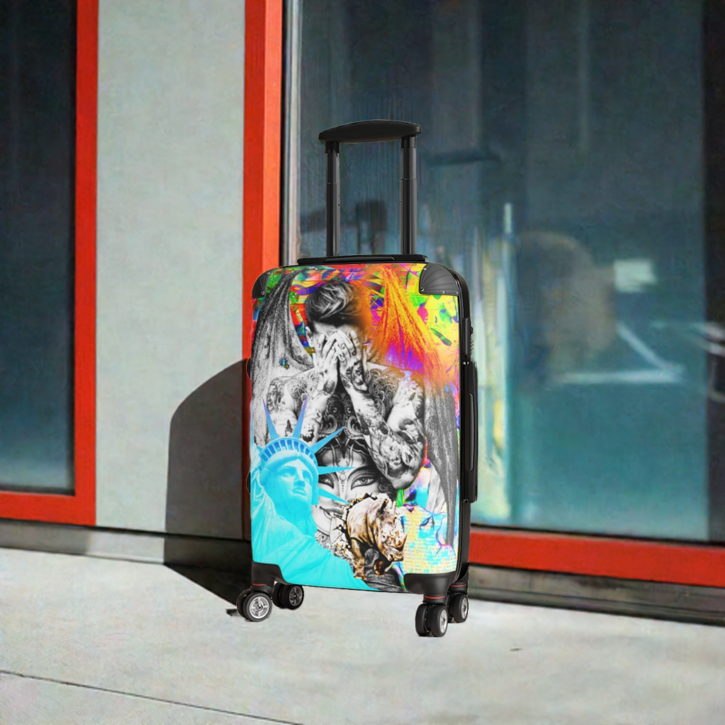 Geotrott Graffiti Art Bieber Pop Star Statue Of Liberty Cabin Suitcase Extended Storage Adjustable Telescopic Handle Double Wheeled Polycarbonate Hard-Shell Built-In Lock