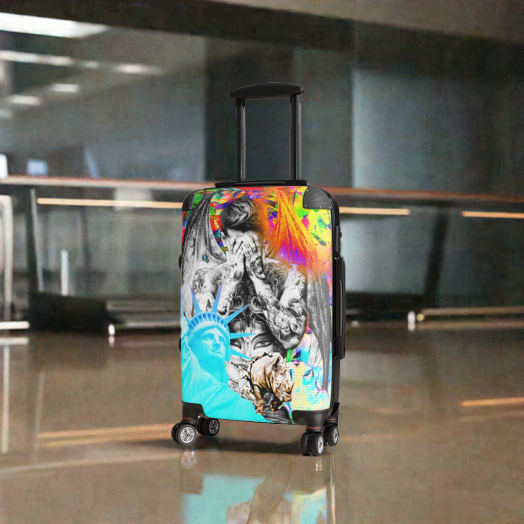 Geotrott Graffiti Art Bieber Pop Star Statue Of Liberty Cabin Suitcase Extended Storage Adjustable Telescopic Handle Double Wheeled Polycarbonate Hard-Shell Built-In Lock