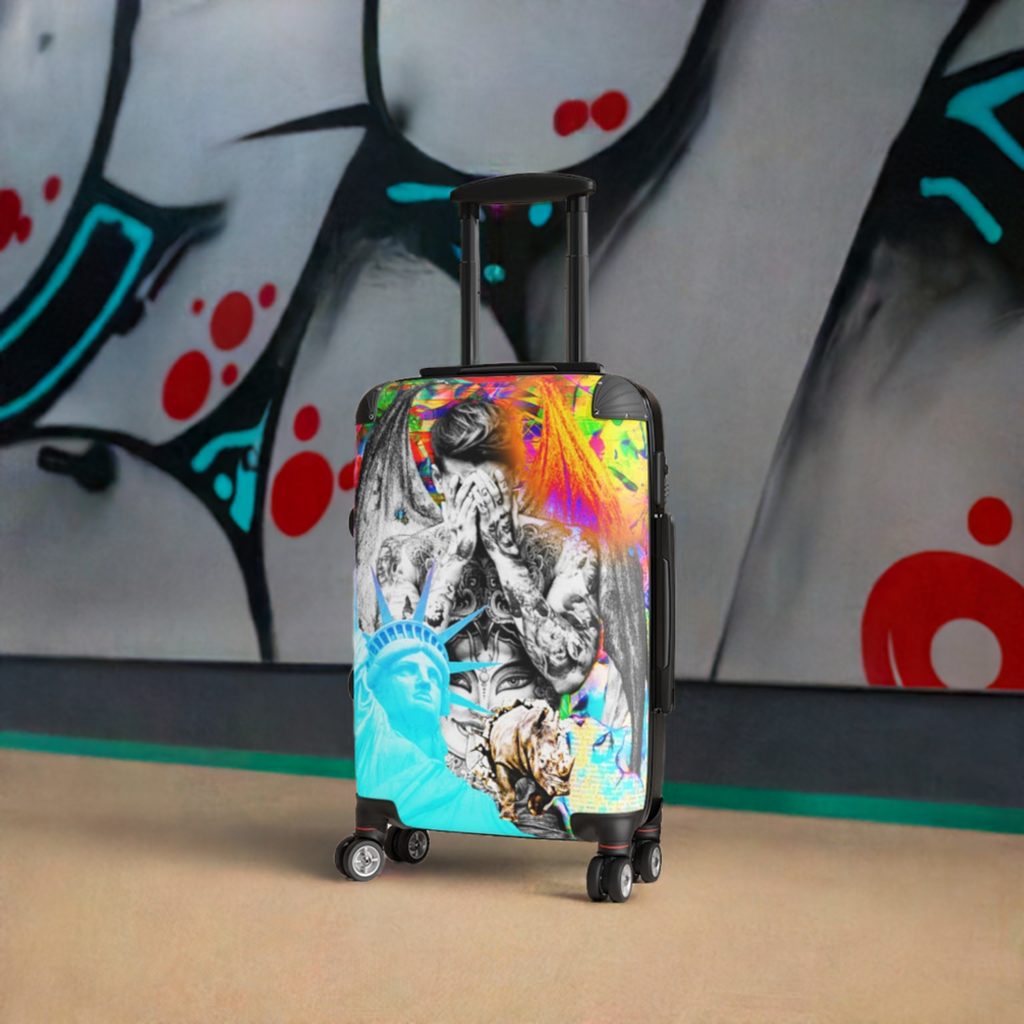 Geotrott Graffiti Art Bieber Pop Star Statue Of Liberty Cabin Suitcase Extended Storage Adjustable Telescopic Handle Double Wheeled Polycarbonate Hard-Shell Built-In Lock