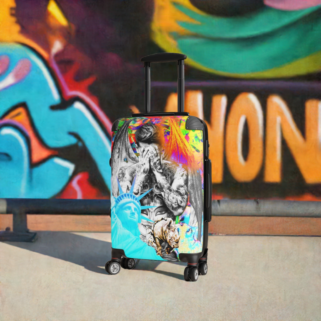 Geotrott Graffiti Art Bieber Pop Star Statue Of Liberty Cabin Suitcase Extended Storage Adjustable Telescopic Handle Double Wheeled Polycarbonate Hard-Shell Built-In Lock