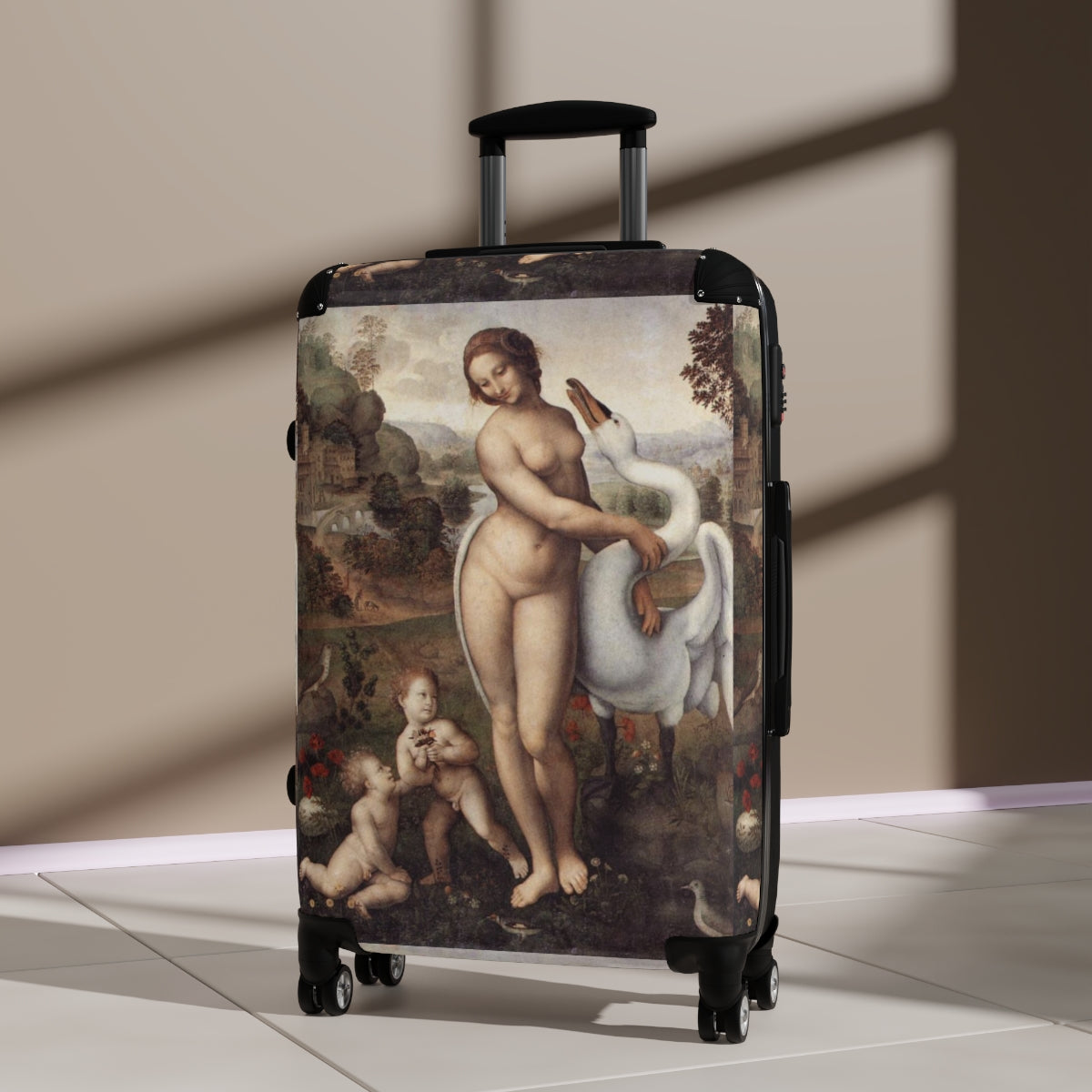 Getrott Leda and the Swan by Leonardo Da Vinci Black Cabin Suitcase Extended Storage Adjustable Telescopic Handle Double wheeled Polycarbonate Hard-shell Built-in Lock-Bags-Geotrott