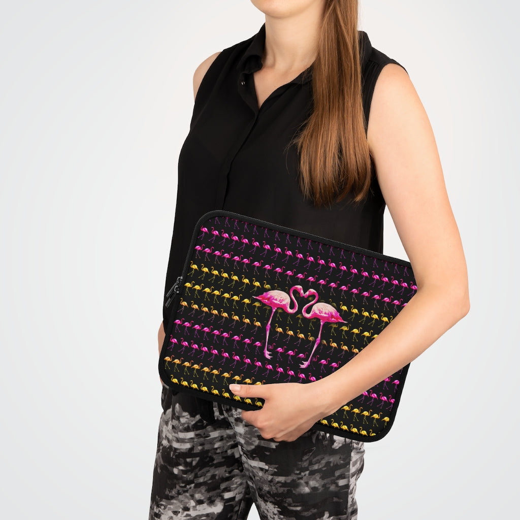 Getrott Pink Flamingo Birds Kissing Black Laptop Sleeve-Laptop Sleeve-Geotrott