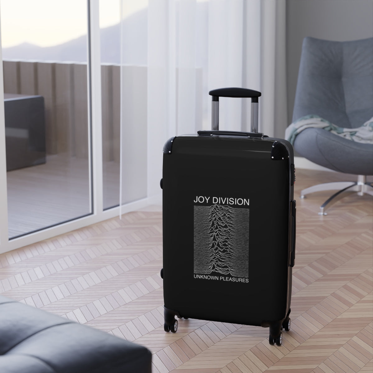 Geotrott Joy Division Unknown Pleasures 1979 Black Cabin Suitcase Extended Storage Adjustable Telescopic Handle Double Wheeled Polycarbonate Hard Shell Built In Lock