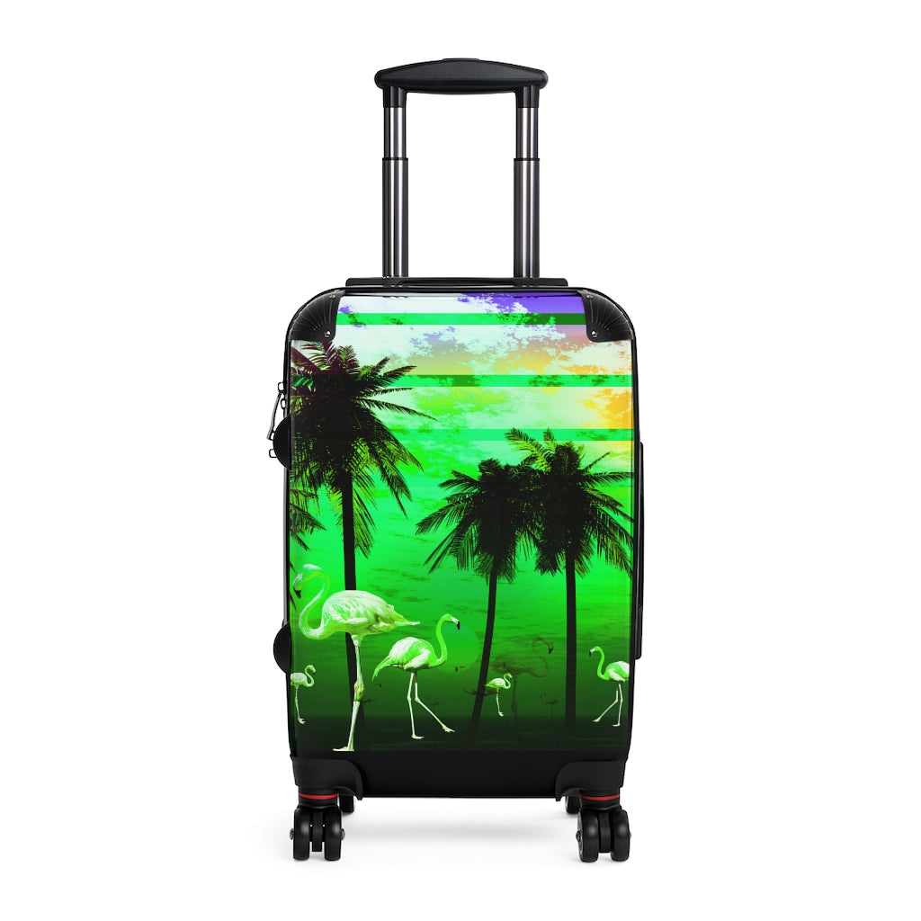 Geotrott Green Beach Flamingos Sunset Art Cabin Suitcase Extended Storage Adjustable Telescopic Handle Double Wheeled Polycarbonate Hard-Shell Built-In Lock