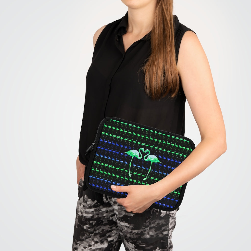 Getrott Blue Green Flamingos Kissing Pattern Black Laptop Sleeve-Laptop Sleeve-Geotrott