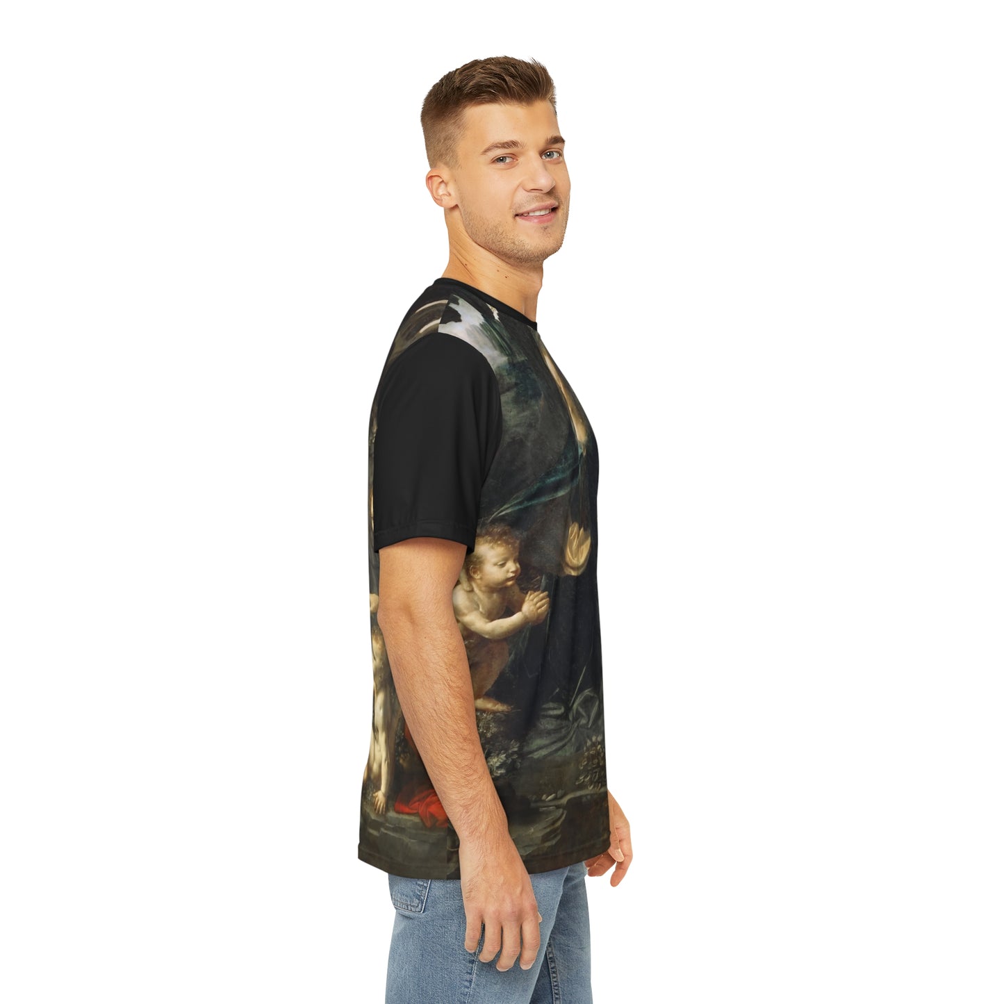 Leonardo Da Vinci Vergine delle Rocce Louvre Classic Art Men's Polyester Tee (AOP)-All Over Prints-Geotrott