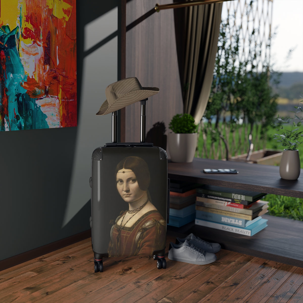 Geotrott La Belle Ferronnière By Leonardo Da Vinci Black Cabin Suitcase Extended Storage Adjustable Telescopic Handle Double Wheeled Polycarbonate Hard-Shell Built-In Lock