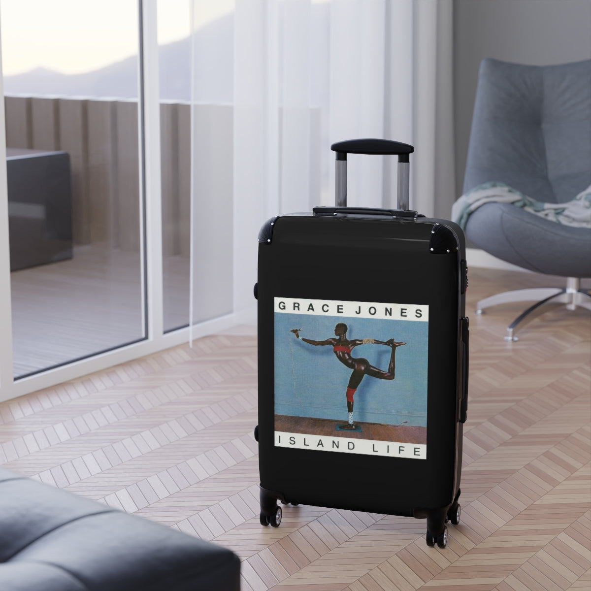 Geotrott Grace Jones Island Life 1985 Black Cabin Suitcase Extended Storage Adjustable Telescopic Handle Double Wheeled Polycarbonate Hard Shell Built In Lock