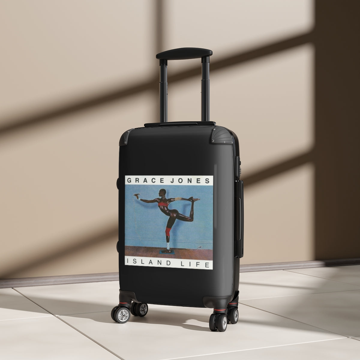 Geotrott Grace Jones Island Life 1985 Black Cabin Suitcase Extended Storage Adjustable Telescopic Handle Double Wheeled Polycarbonate Hard Shell Built In Lock