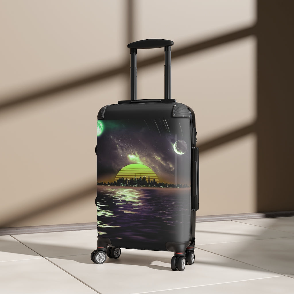 Getrott Space City Sunset Green Black Cabin Luggage Extended Storage Adjustable Telescopic Handle Double wheeled Polycarbonate Hard-shell Built-in Lock-Bags-Geotrott