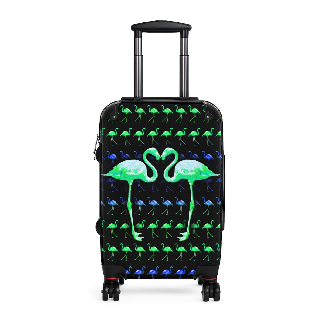 Geotrott Green Flamingo Kissing Cabin Luggage Extended Storage Adjustable Telescopic Handle Double Wheeled Polycarbonate Hard-Shell Built-In Lock