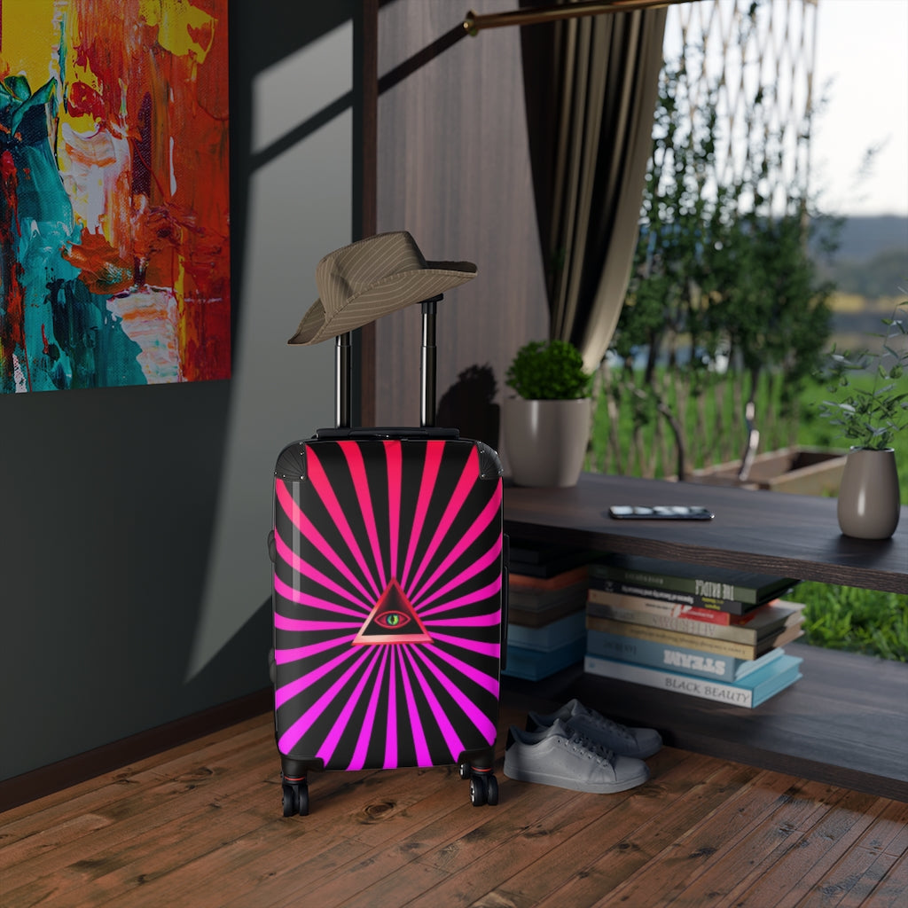 Geotrott Pink Illuminati Eye With Rays Art Cabin Luggage Extended Storage Adjustable Telescopic Handle Double Wheeled Polycarbonate Hard-Shell Built-In Lock