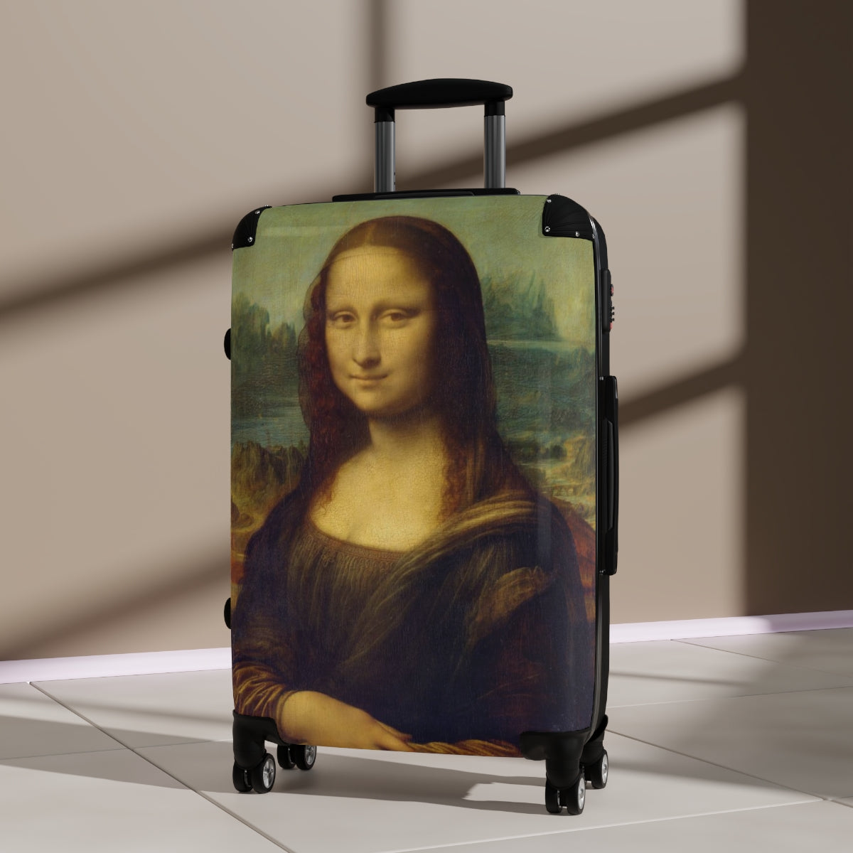 Getrott The Mona Lisa by Leonardo Da Vinci Black Cabin Suitcase Extended Storage Adjustable Telescopic Handle Double wheeled Polycarbonate Hard-shell Built-in Lock-Bags-Geotrott