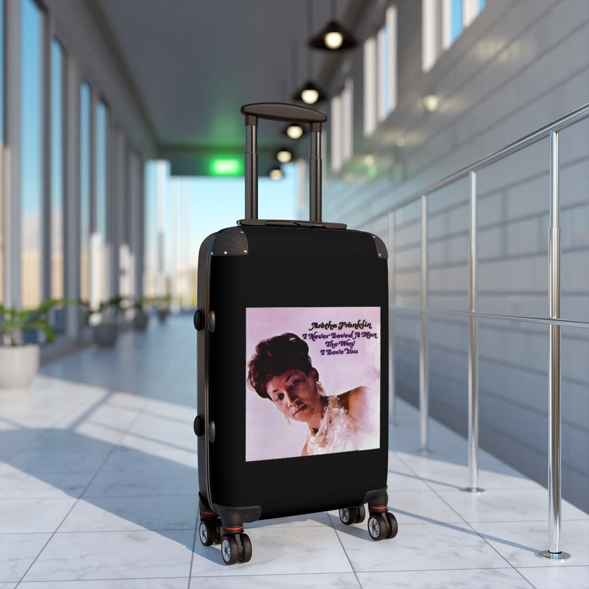 Geotrott Aretha Franklyn I Never Loved A Man The Way That I Love You Black Cabin Suitcase Extended Storage Adjustable Telescopic Handle Double Wheeled Polycarbonate Hard Shell Built In Lock