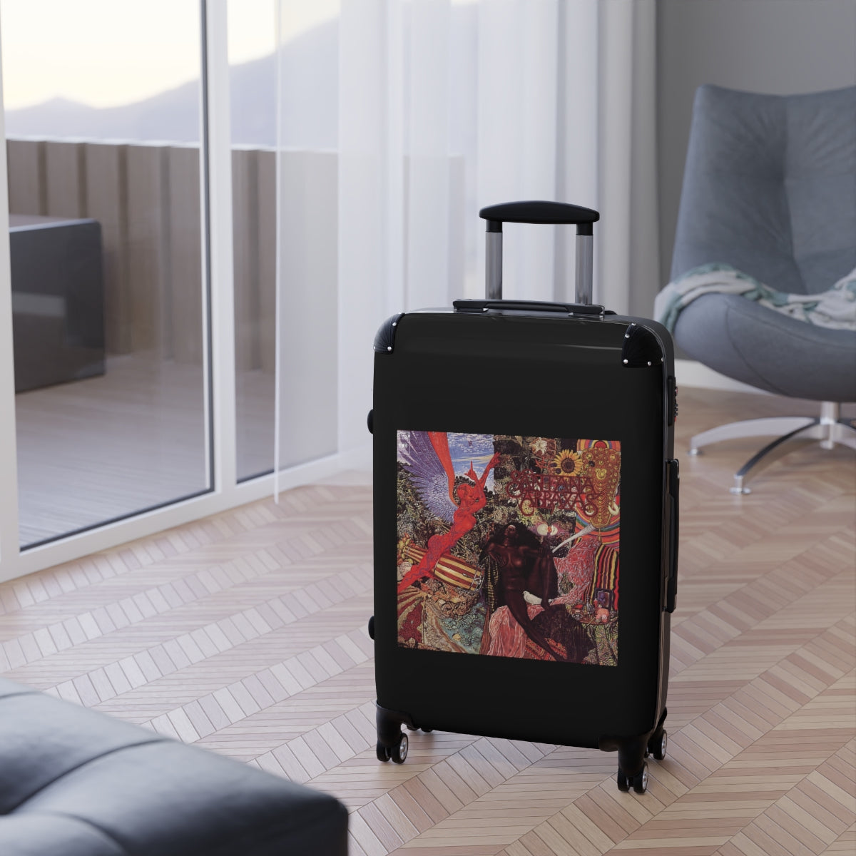 Geotrott Carlos Santana Abraxas 1970 Black Cabin Suitcase Extended Storage Adjustable Telescopic Handle Double Wheeled Polycarbonate Hard Shell Built In Lock