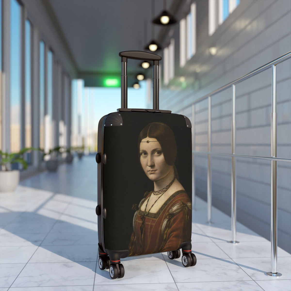Geotrott La Belle Ferronnière By Leonardo Da Vinci Black Cabin Suitcase Extended Storage Adjustable Telescopic Handle Double Wheeled Polycarbonate Hard-Shell Built-In Lock