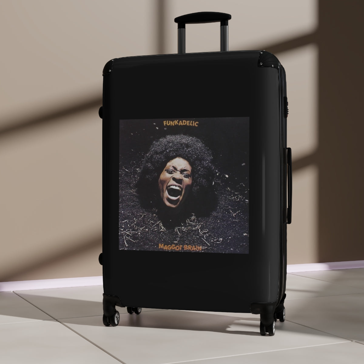 Geotrott Funkadelic Maggot Brain Black Cabin Suitcase Extended Storage Adjustable Telescopic Handle Double Wheeled Polycarbonate Hard Shell Built In Lock