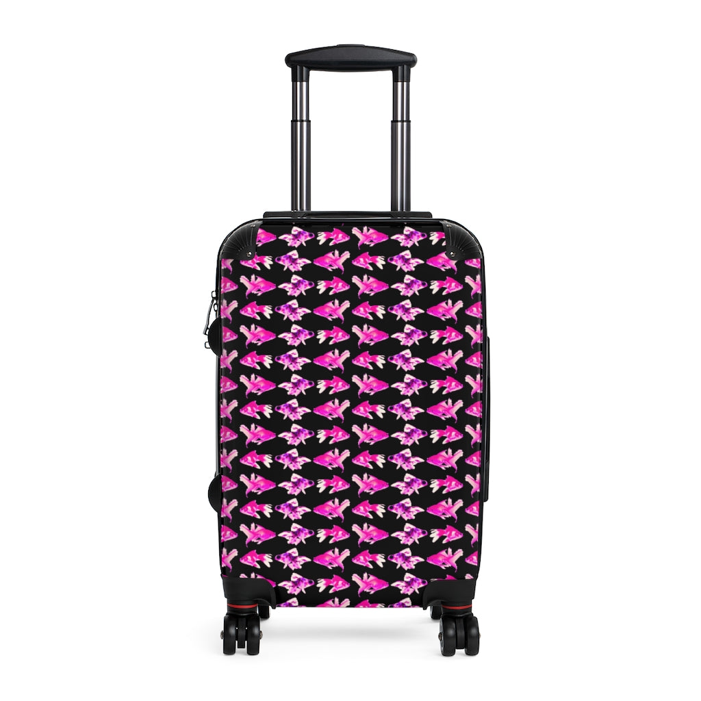 Getrott Pink Goldfish Pattern Black Cabin Luggage Extended Storage Adjustable Telescopic Handle Double wheeled Polycarbonate Hard-shell Built-in Lock-Bags-Geotrott