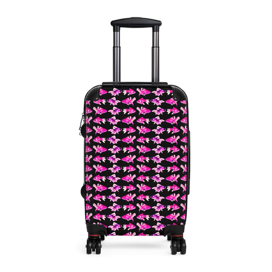 Geotrott Pink Goldfish Pattern Black Cabin Luggage Extended Storage Adjustable Telescopic Handle Double Wheeled Polycarbonate Hard-Shell Built-In Lock