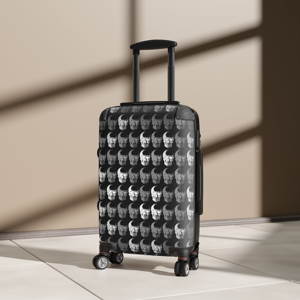 Geotrott Black & White Skull Print Pattern Cabin Suitcase Extended Storage Adjustable Telescopic Handle Double Wheeled Polycarbonate Hard-Shell Built-In Lock