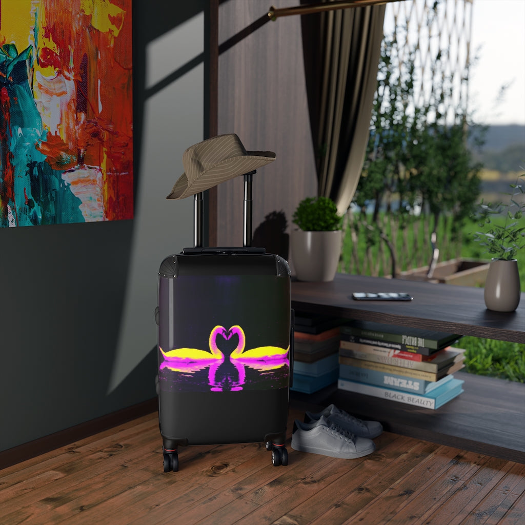 Geotrott Swans Kissing Black And Pink Art Cabin Suitcase Extended Storage Adjustable Telescopic Handle Double Wheeled Polycarbonate Hard-Shell Built-In Lock