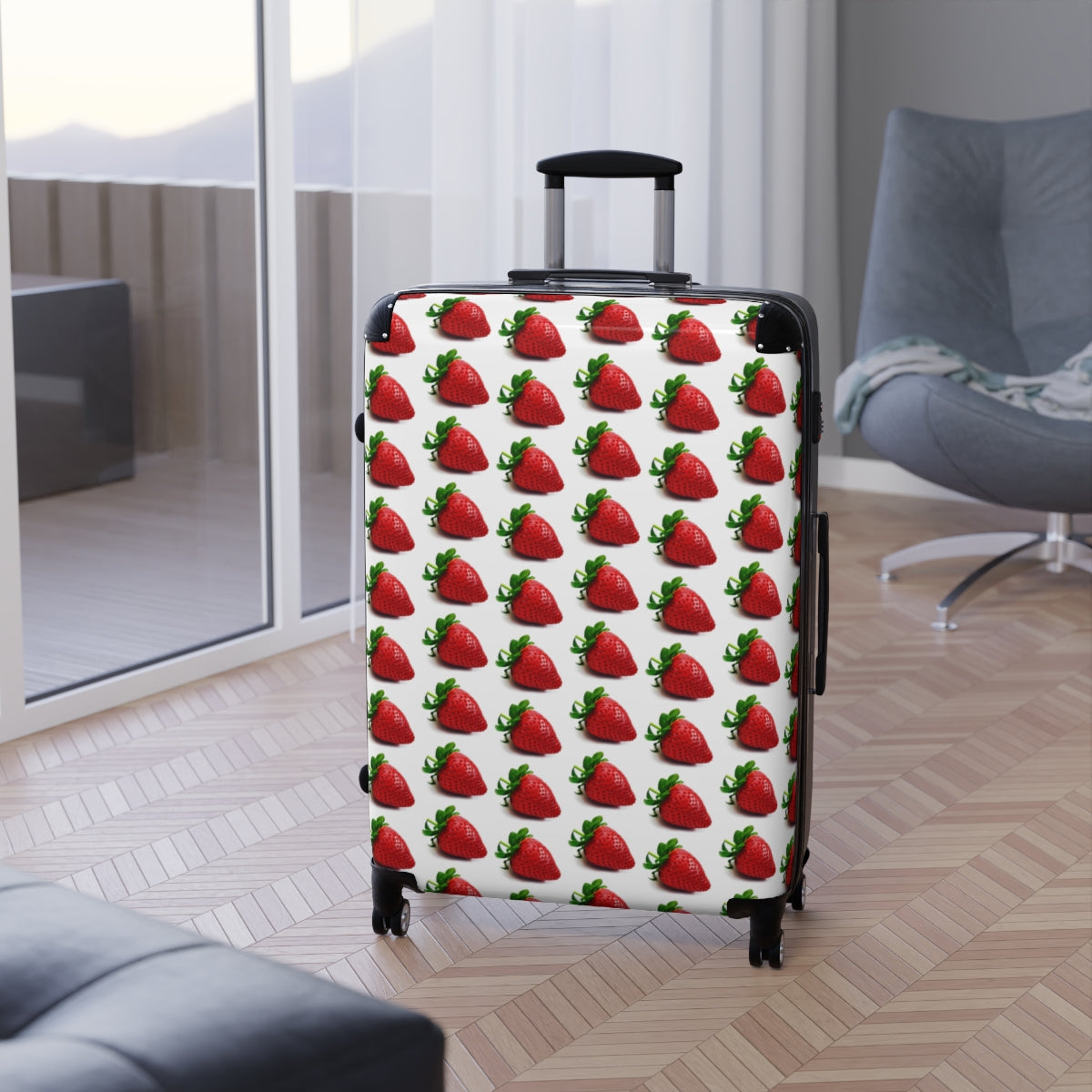 Geotrott Strawberry Fruit Pattern Cabin Suitcase Extended Storage Adjustable Telescopic Handle Double Wheeled Polycarbonate Hard-Shell Built-In Lock