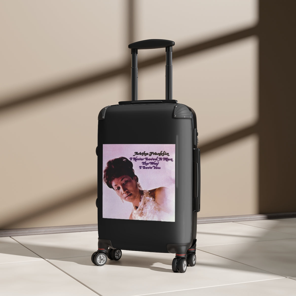 Geotrott Aretha Franklyn I Never Loved A Man The Way That I Love You Black Cabin Suitcase Extended Storage Adjustable Telescopic Handle Double Wheeled Polycarbonate Hard Shell Built In Lock