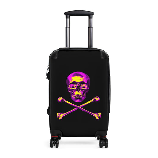 Geotrott Black Pink Skull & Bones Emblem Cabin Suitcase Extended Storage Adjustable Telescopic Handle Double Wheeled Polycarbonate Hard-Shell Built-In Lock