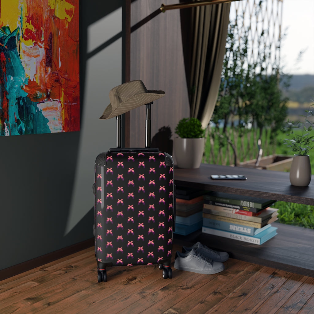 Geotrott Magnum Guns Crossed Pink Emblem Pattern Black Cabin Luggage Extended Storage Adjustable Telescopic Handle Double Wheeled Polycarbonate Hard-Shell Built-In Lock