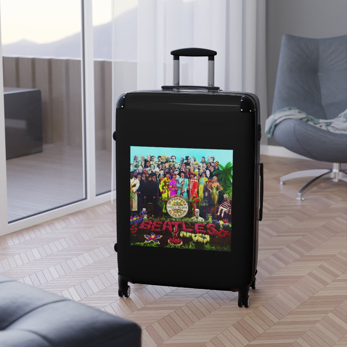 Getrott The Beatles Sgt Peppers Lonely Hearts Club Band 1967 Black Cabin Suitcase Extended Storage Adjustable Telescopic Handle Double wheeled Polycarbonate Hard-shell Built-in Lock-Bags-Geotrott