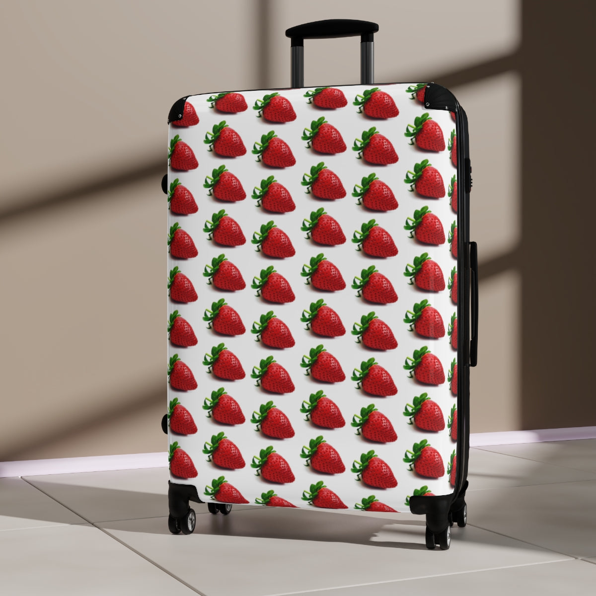 Geotrott Strawberry Fruit Pattern Cabin Suitcase Extended Storage Adjustable Telescopic Handle Double Wheeled Polycarbonate Hard-Shell Built-In Lock