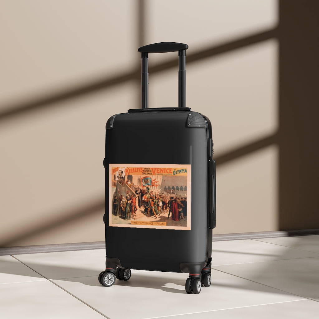 Getrott The Deliverance of Pisanl Imre Kiralfys Grand Historic Spectacle Venice The Bridge of the Sea at Olympia 1 World Classic Poster Black Cabin Suitcase Carry-On Travel Check Luggage 4-Wheel Spinner Suitcase Bag Multiple Colors and Sizes-Bags-Geotrott