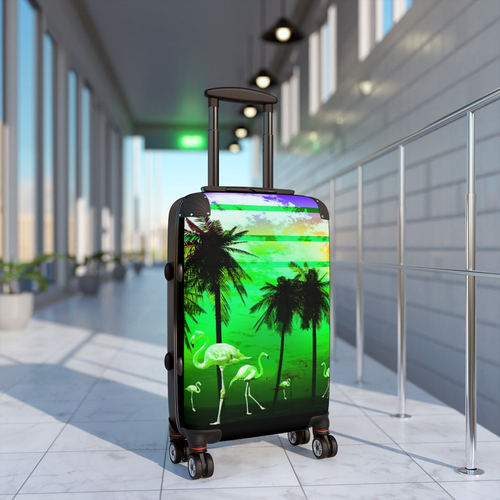 Geotrott Green Beach Flamingos Sunset Art Cabin Suitcase Extended Storage Adjustable Telescopic Handle Double Wheeled Polycarbonate Hard-Shell Built-In Lock