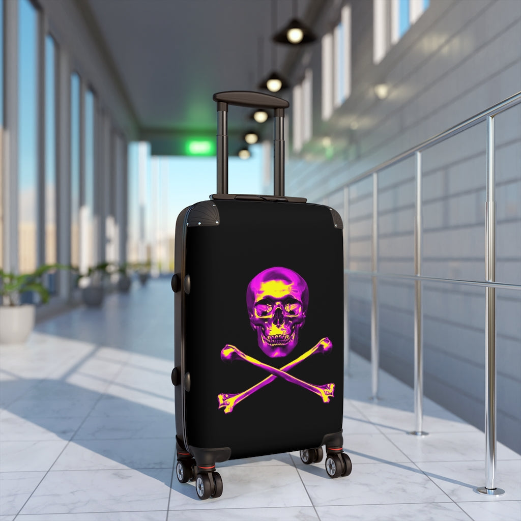 Getrott Black Pink Skull & Bones Emblem Cabin Suitcase Extended Storage Adjustable Telescopic Handle Double wheeled Polycarbonate Hard-shell Built-in Lock-Bags-Geotrott