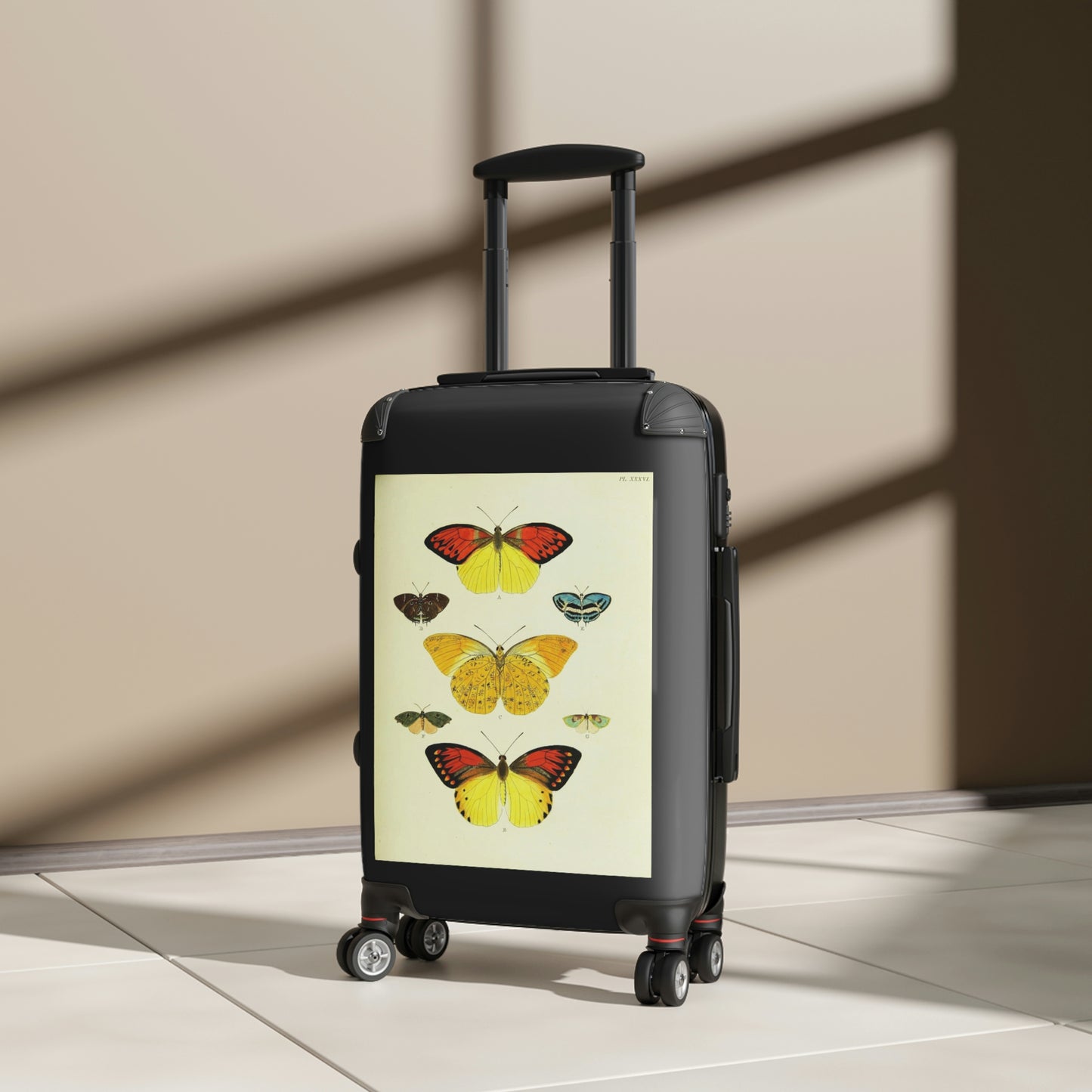 Geotrott Butterflies Black Red Yellow Cabin Suitcase Rolling Luggage Extended Storage Adjustable Telescopic Handle Double Wheeled Polycarbonate Hard-Shell Built-In Lock