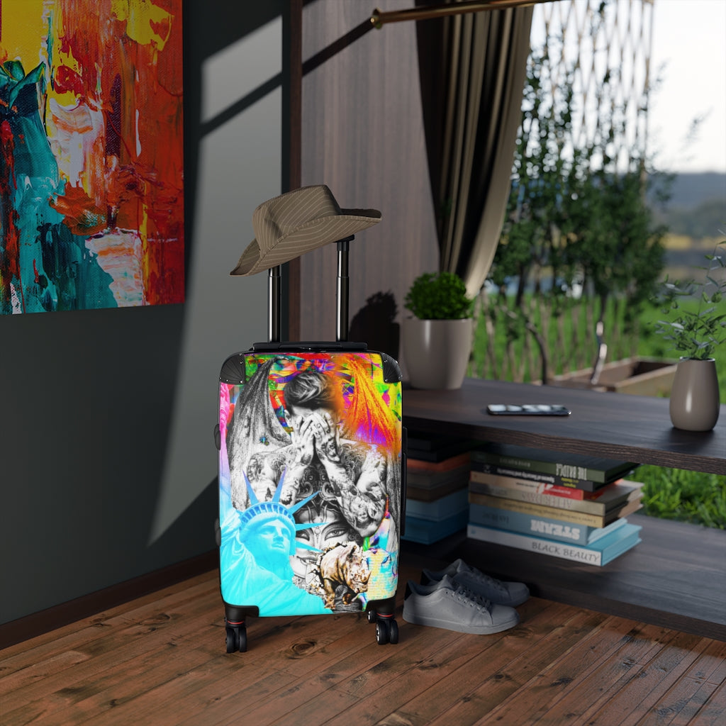 Geotrott Graffiti Art Bieber Pop Star Statue Of Liberty Cabin Suitcase Extended Storage Adjustable Telescopic Handle Double Wheeled Polycarbonate Hard-Shell Built-In Lock
