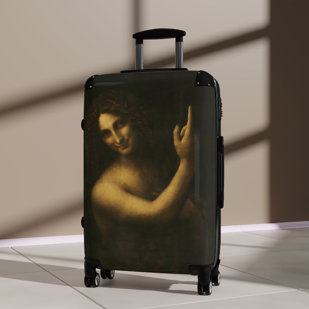 Getrott Saint John the Baptist by Leonardo Da Vinci Black Cabin Suitcase Extended Storage Adjustable Telescopic Handle Double wheeled Polycarbonate Hard-shell Built-in Lock-Bags-Geotrott