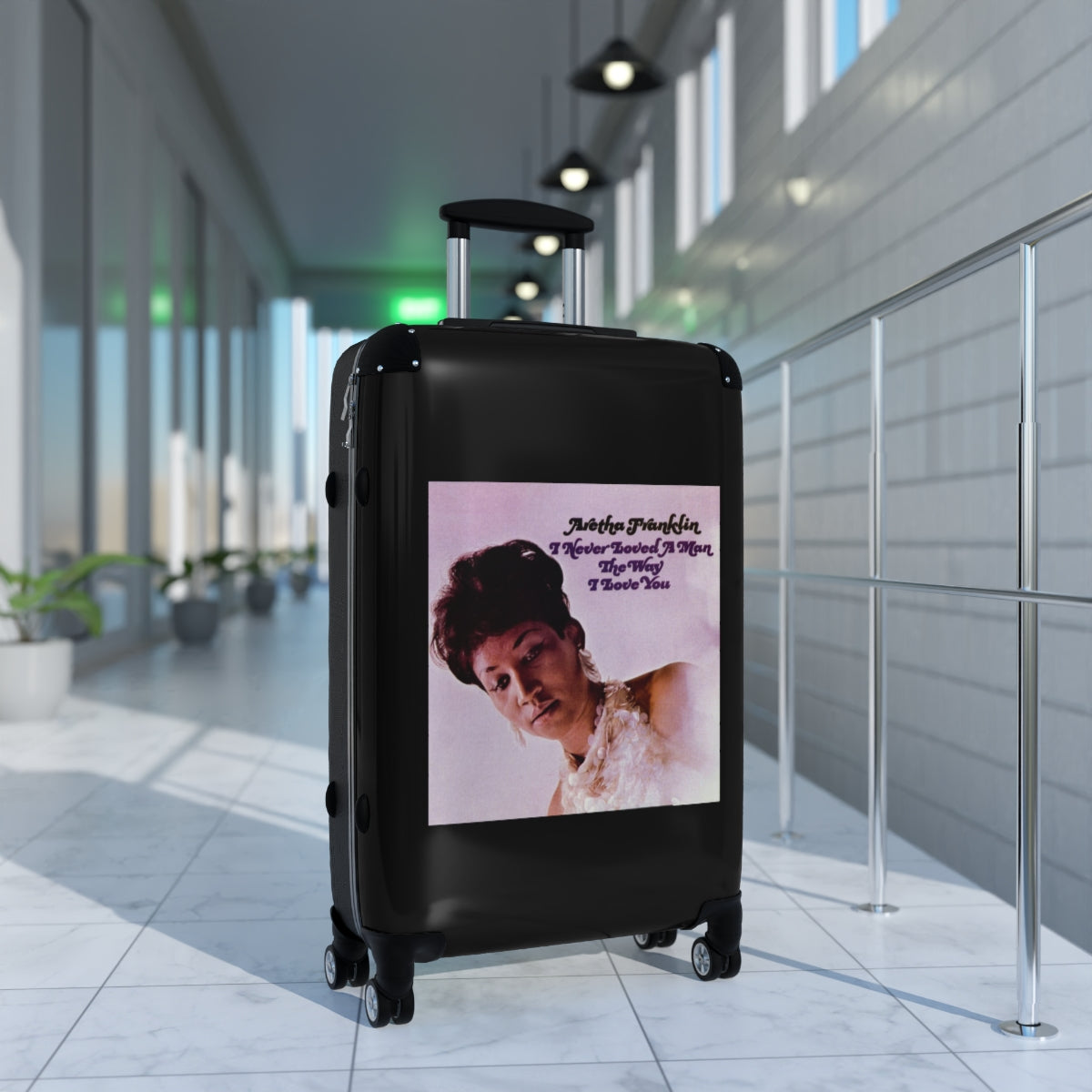 Geotrott Aretha Franklyn I Never Loved A Man The Way That I Love You Black Cabin Suitcase Extended Storage Adjustable Telescopic Handle Double Wheeled Polycarbonate Hard Shell Built In Lock