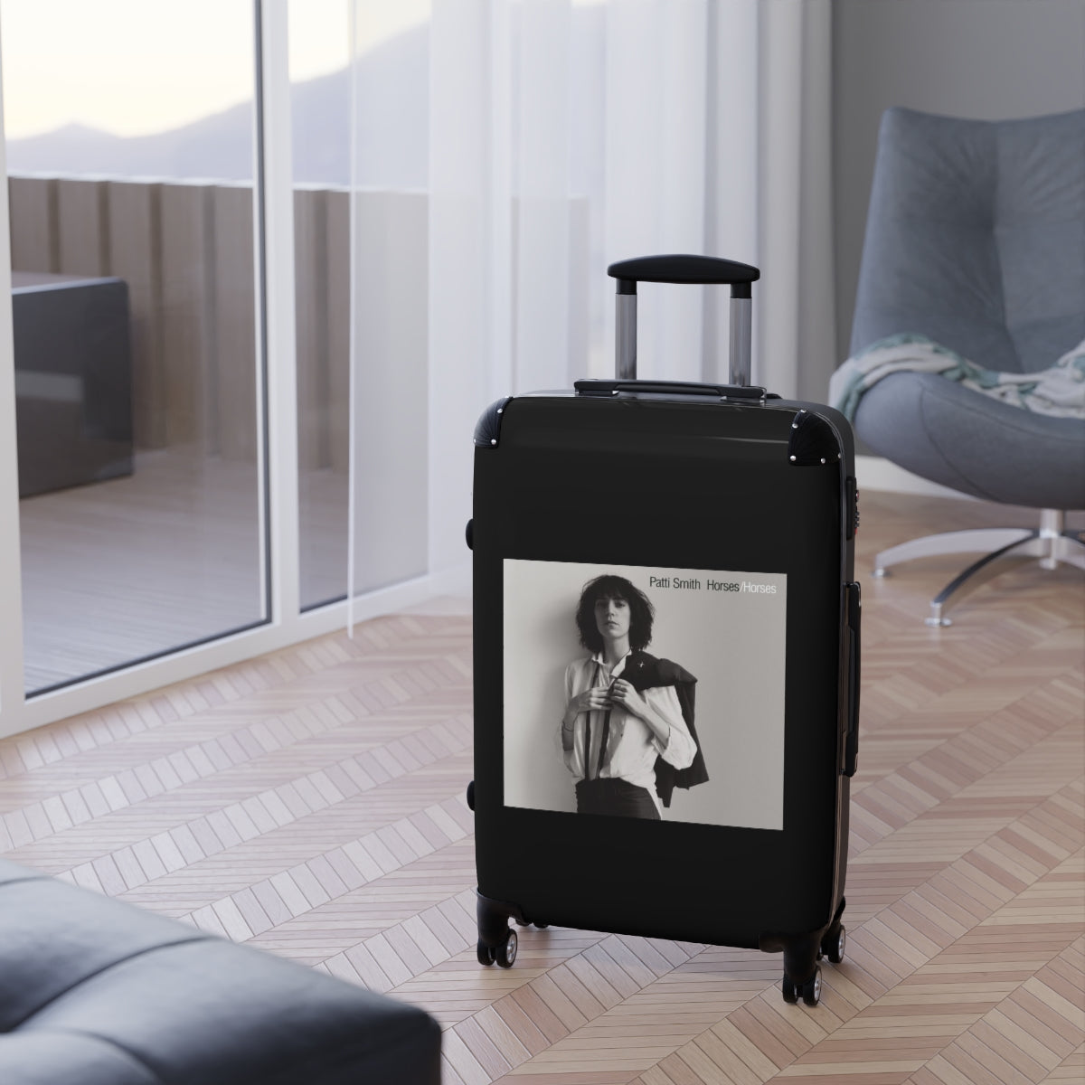 Geotrott Patti Smith Horses 1975 Black Cabin Suitcase Extended Storage Adjustable Telescopic Handle Double Wheeled Polycarbonate Hard Shell Built In Lock