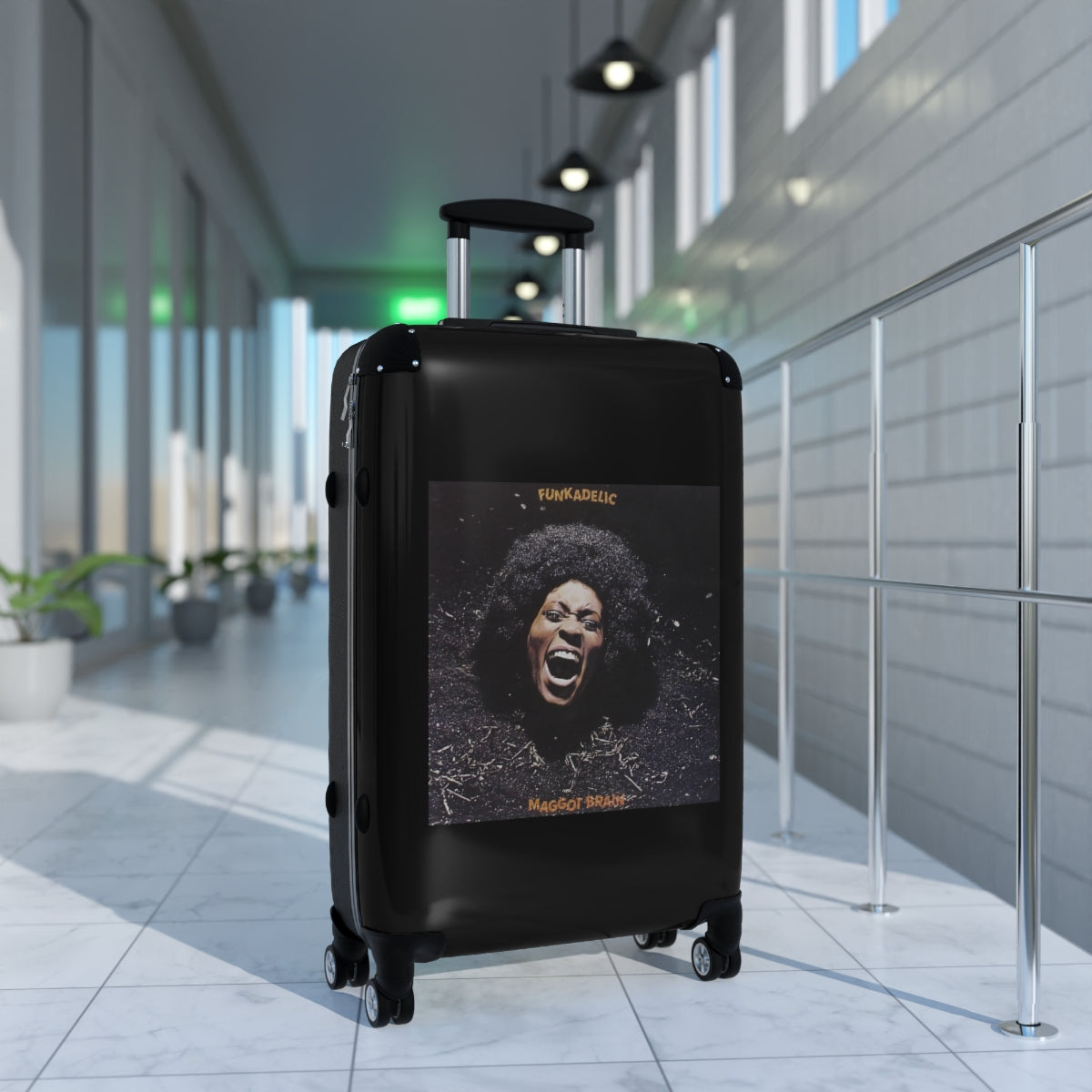 Geotrott Funkadelic Maggot Brain Black Cabin Suitcase Extended Storage Adjustable Telescopic Handle Double Wheeled Polycarbonate Hard Shell Built In Lock