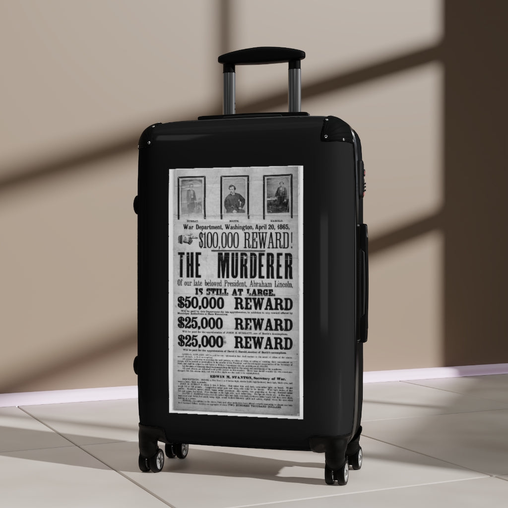 Getrott War Department Washington April 20th 1865 100,000 Reward The Murdered of Abraham Lincoln World Classic Poster Black Cabin Suitcase Carry-On Travel Check Luggage 4-Wheel Spinner Suitcase Bag Multiple Colors and Sizes-Bags-Geotrott