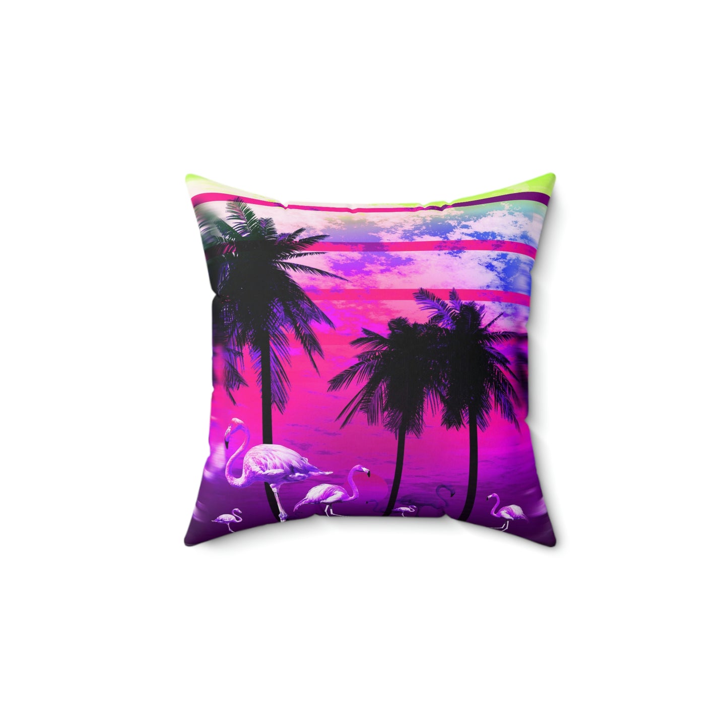 Geotrott Fantastic Pink Sunset with Palms and Flamingos Pink Spun Polyester Square Pillow